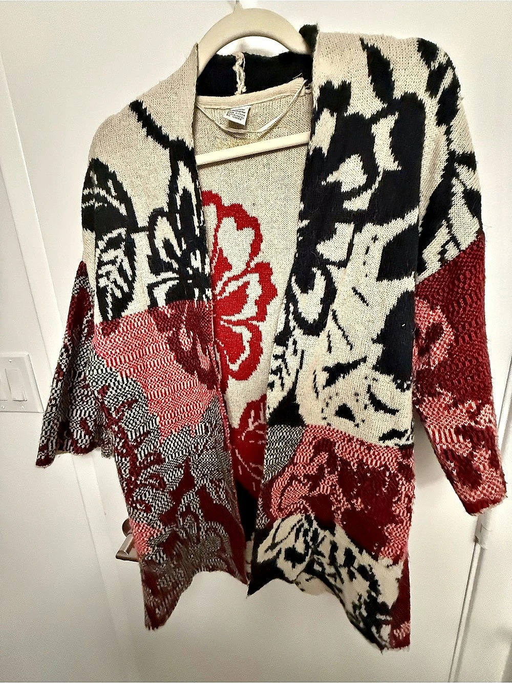 Desigual Floral Pattern Open Front Cardigan in Red, White & Black Size Medium
